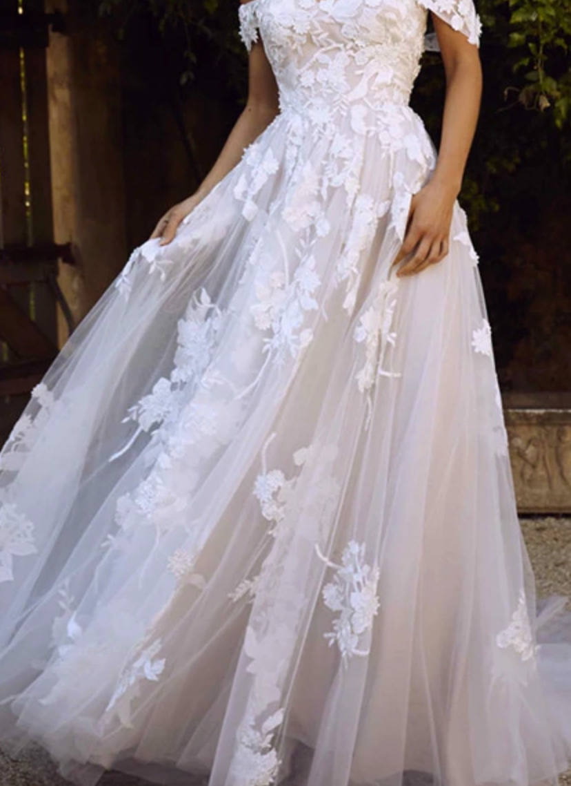 Tulle Lace Off The Shoulder Appliques Princess Wedding Gown White 6