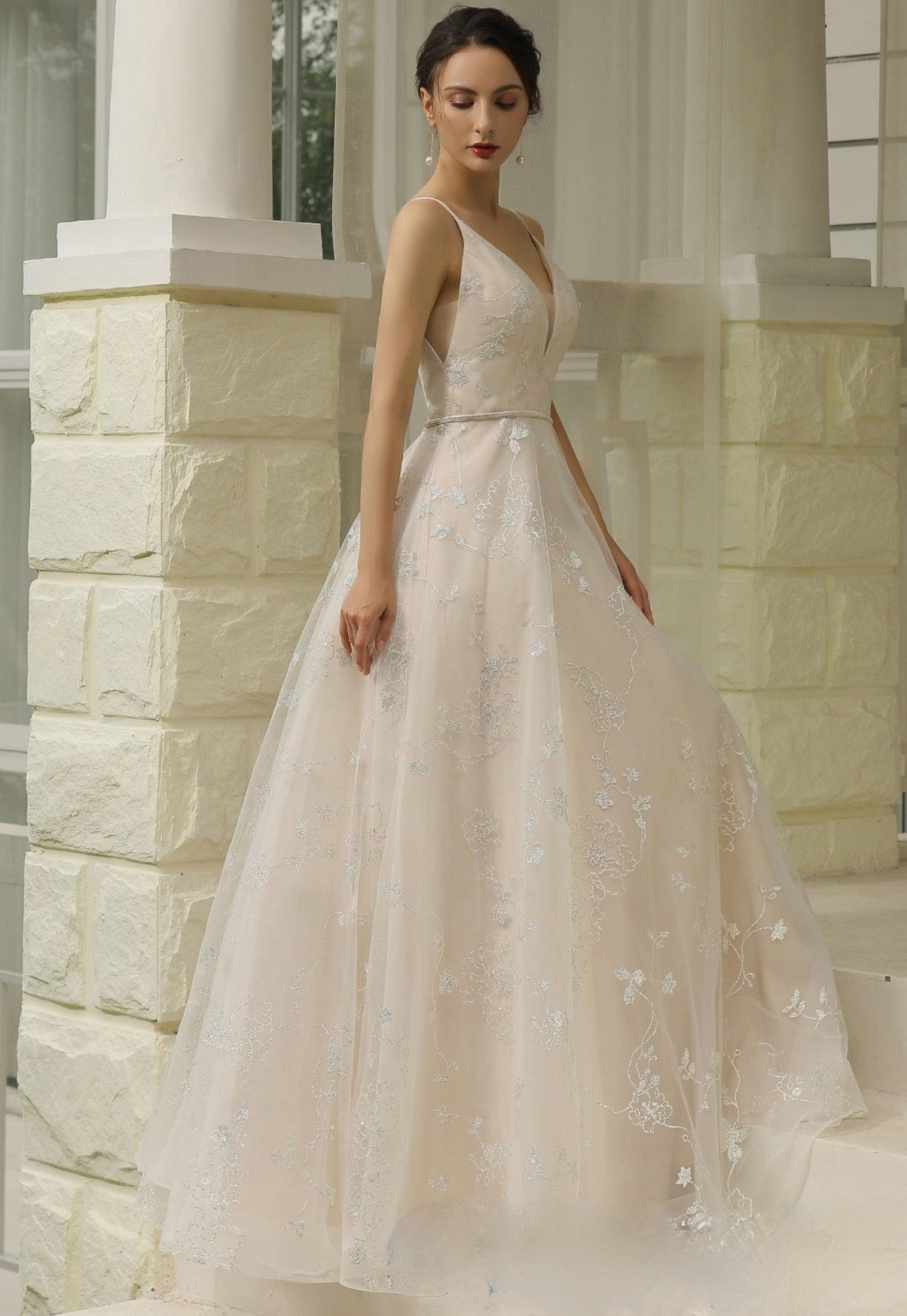 Wedding Dress Glitter Patterned A Line Bridal Gown