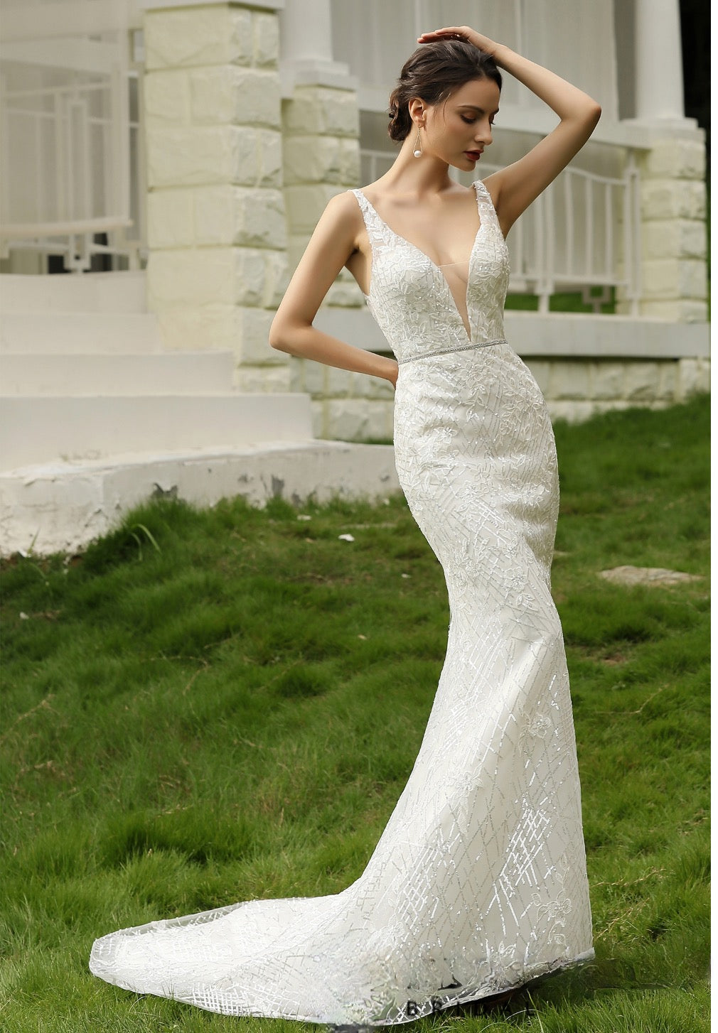 Wedding Dress Glittery Fitted With Deep V Neckline