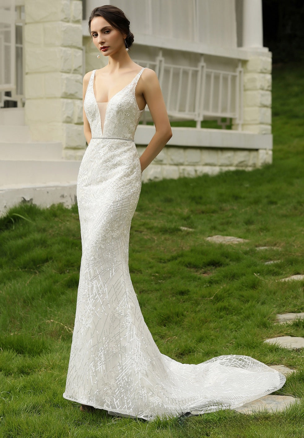 Wedding Dress Glittery Fitted With Deep V Neckline