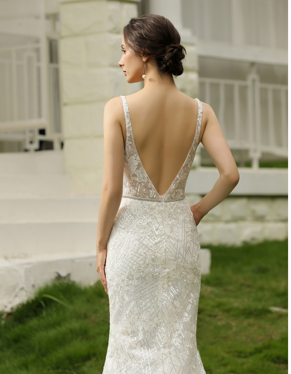 Wedding Dress Glittery Fitted With Deep V Neckline