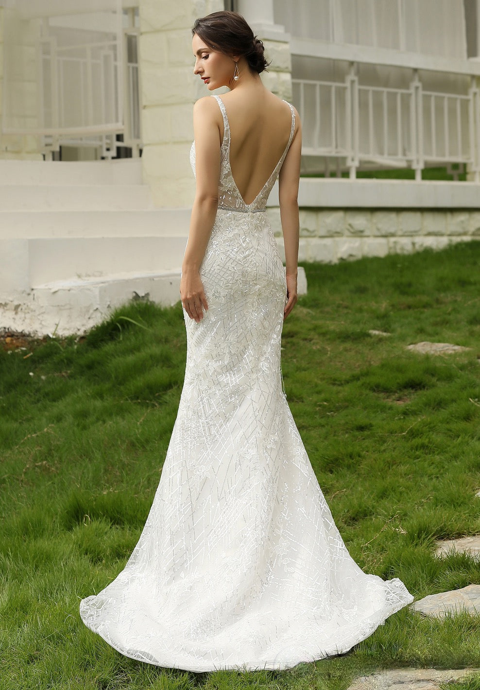 Wedding Dress Glittery Fitted With Deep V Neckline