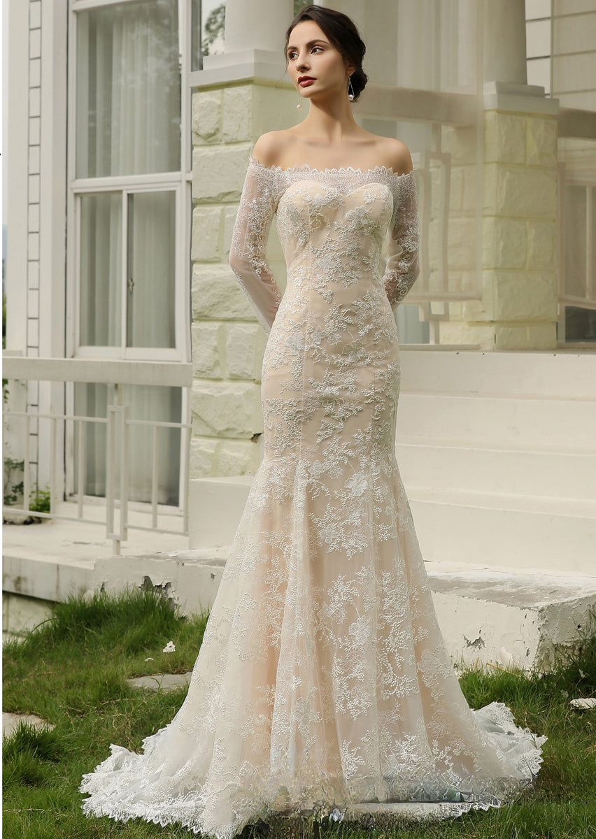 Off-shoulder Sheath Wedding Dress with Long Sleeves and Illusive