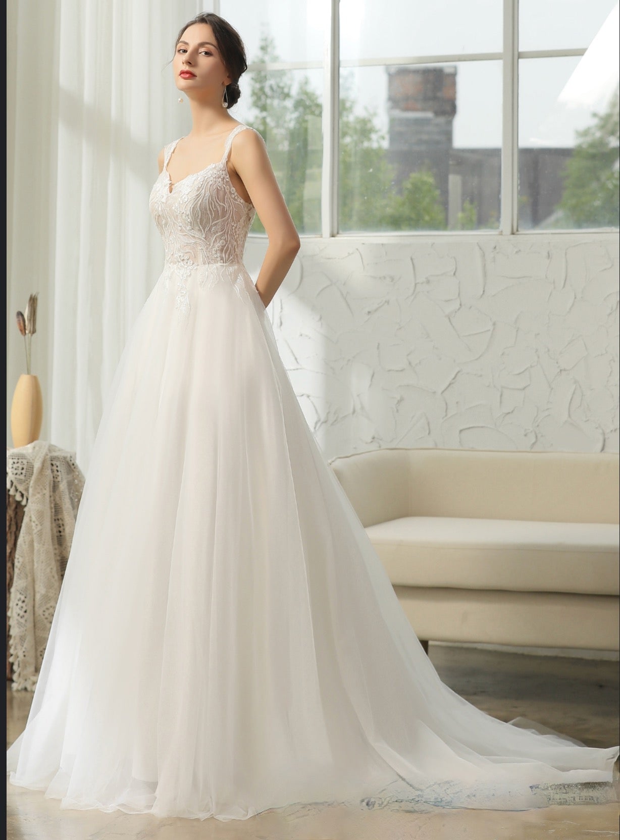 Wedding Dress Glittery Cap Sleeve A Line Gown
