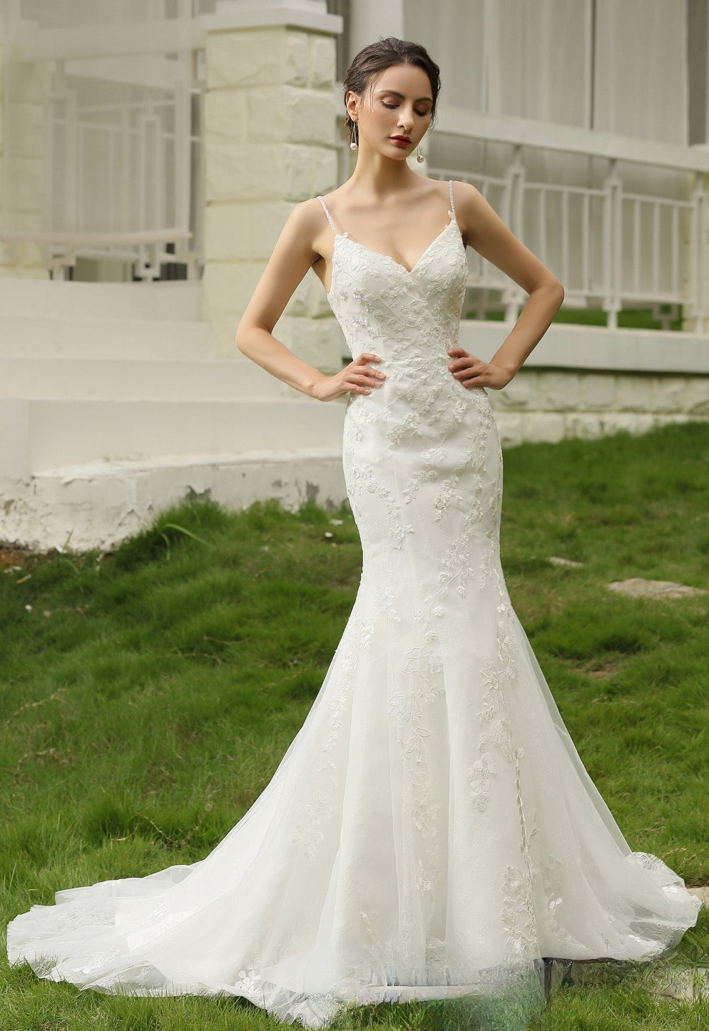 Spaghetti Beading Strap Fit To Flare Wedding Dress