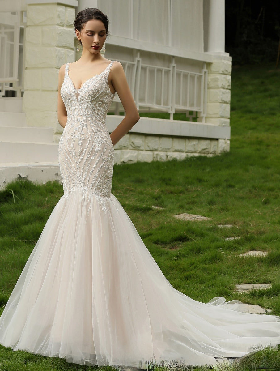 Beaded Lace Tulle Ruffled Trumpet Wedding Dress