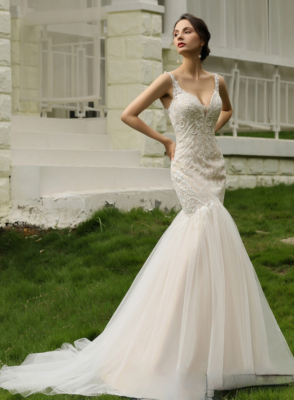 Wedding Dress Beaded Lace Trumpet Tulle A Line Gown