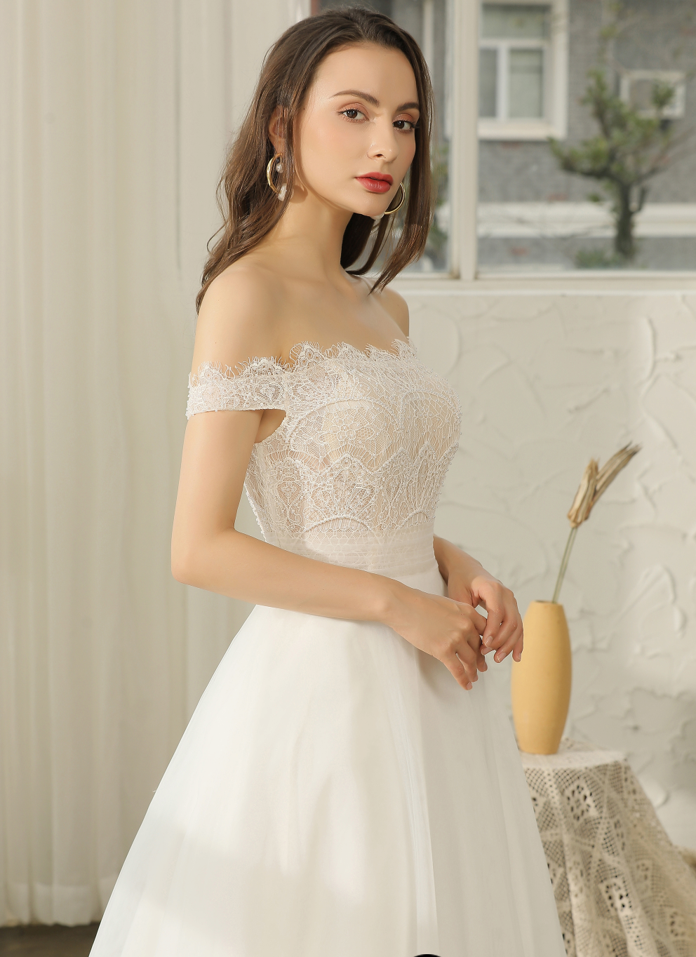 Wedding Dress Off-The-Shoulder Beading Lace Pleating A Line