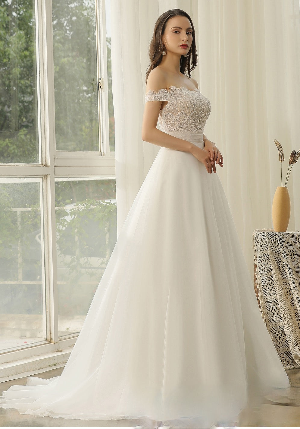 Wedding Dress Off-The-Shoulder Beading Lace Pleating A Line