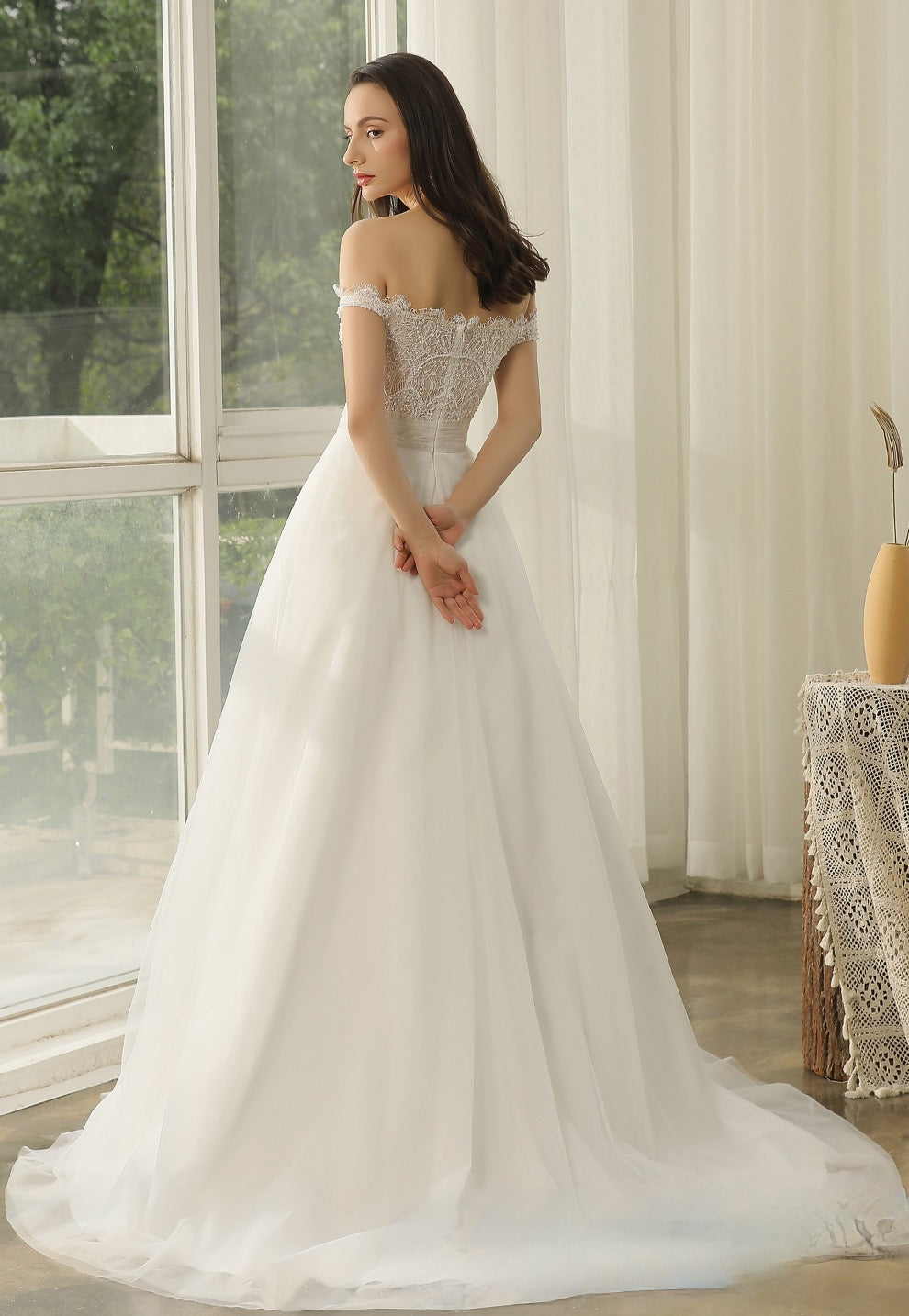 Wedding Dress Off-The-Shoulder Beading Lace Pleating A Line