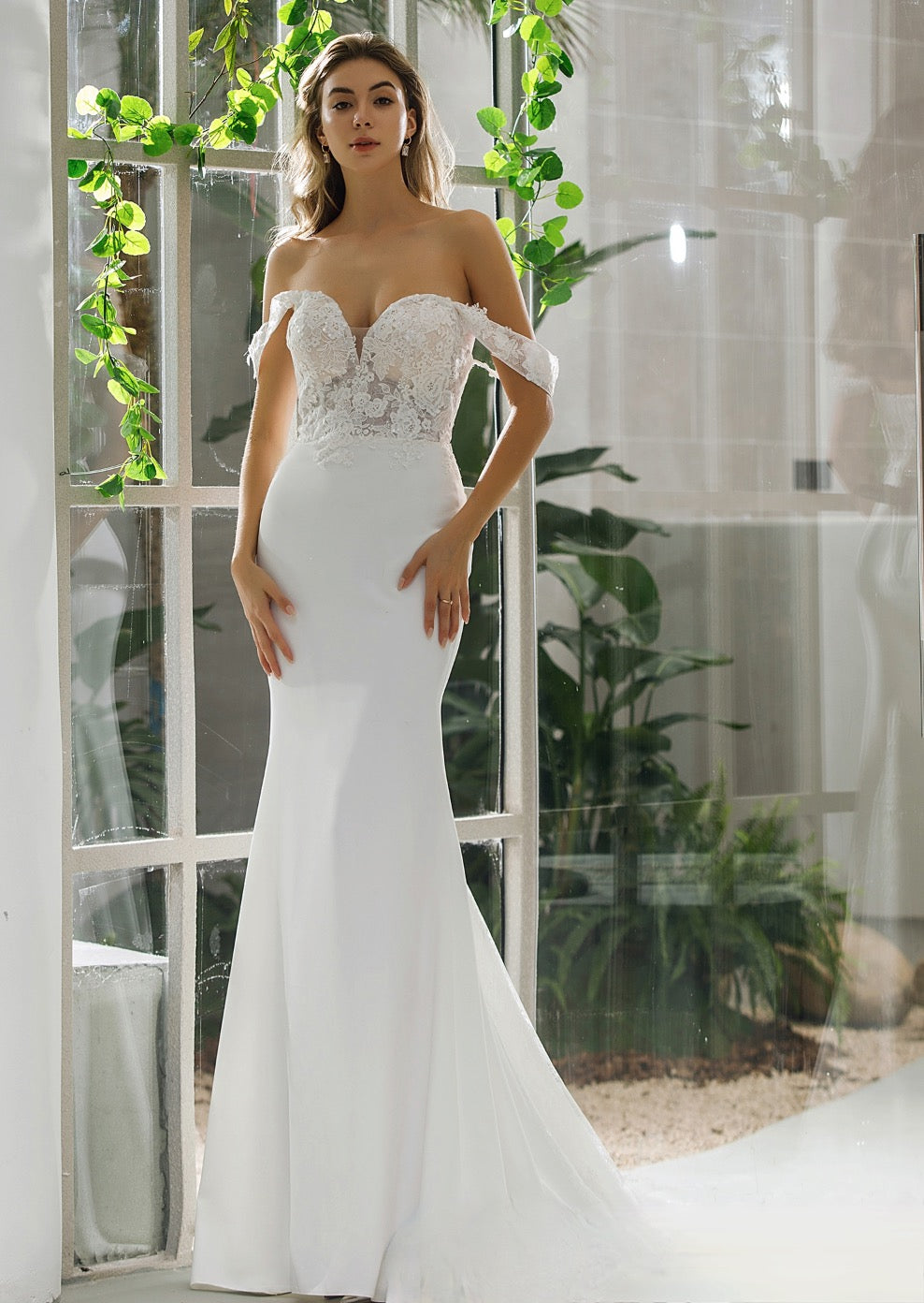 Wedding Dress Crepe Satin Bridal Gown With Lace Illusion Bodice, Effortlessly elegant, the illusion bodice adored with beautiful floral lace