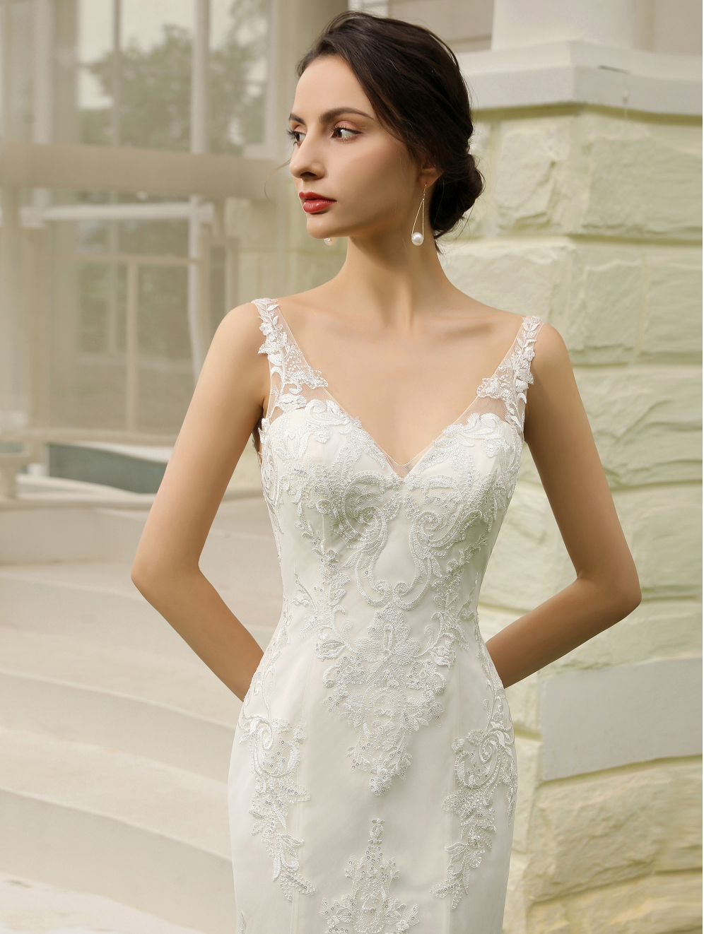 Wedding Dress Double Train Fitted Sheath Gown