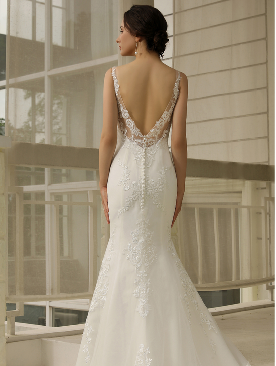 Double Train Fitted Sheath Wedding Gown