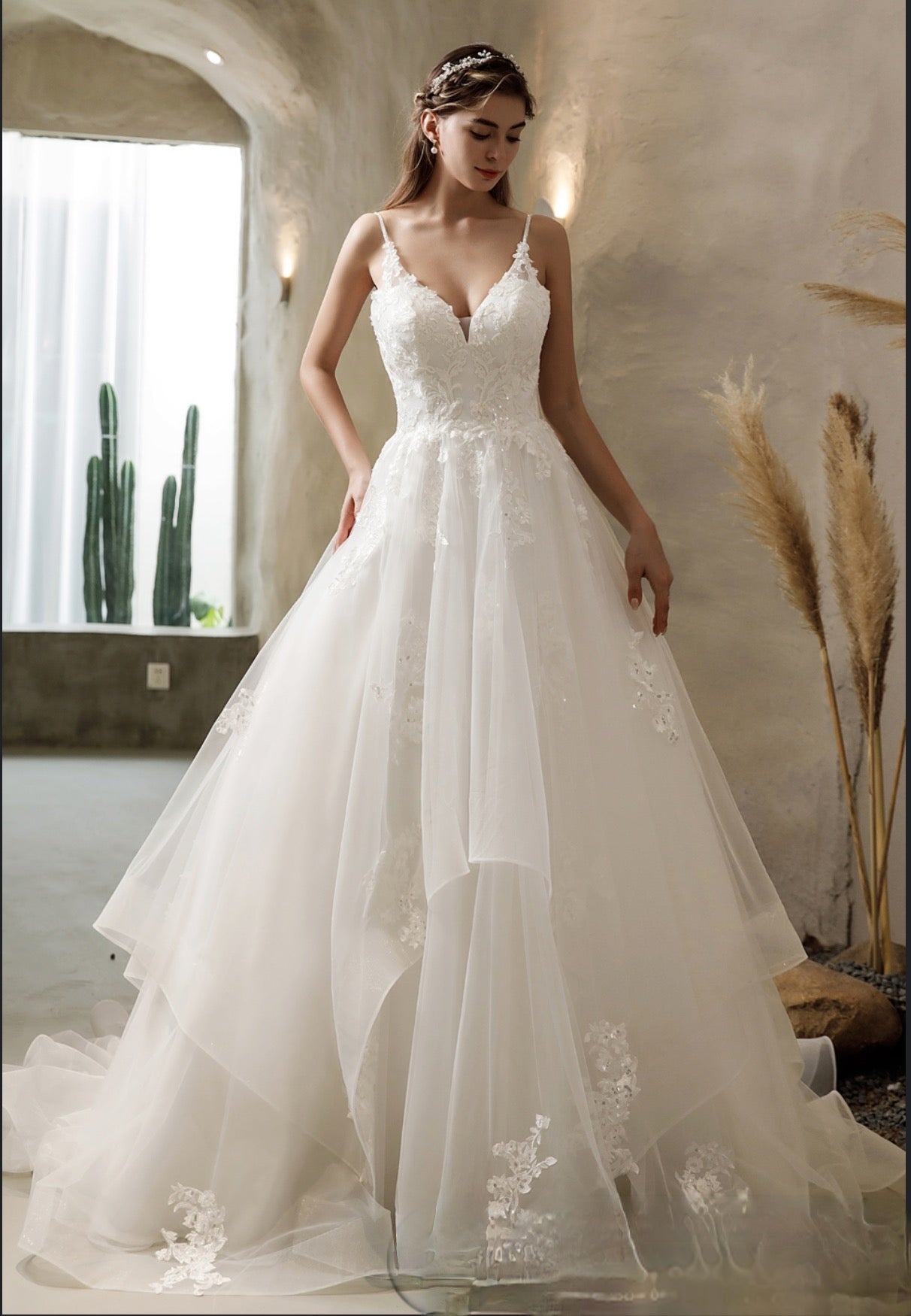 Elegant White deals Floral Embroidered Tiered Wedding Dress