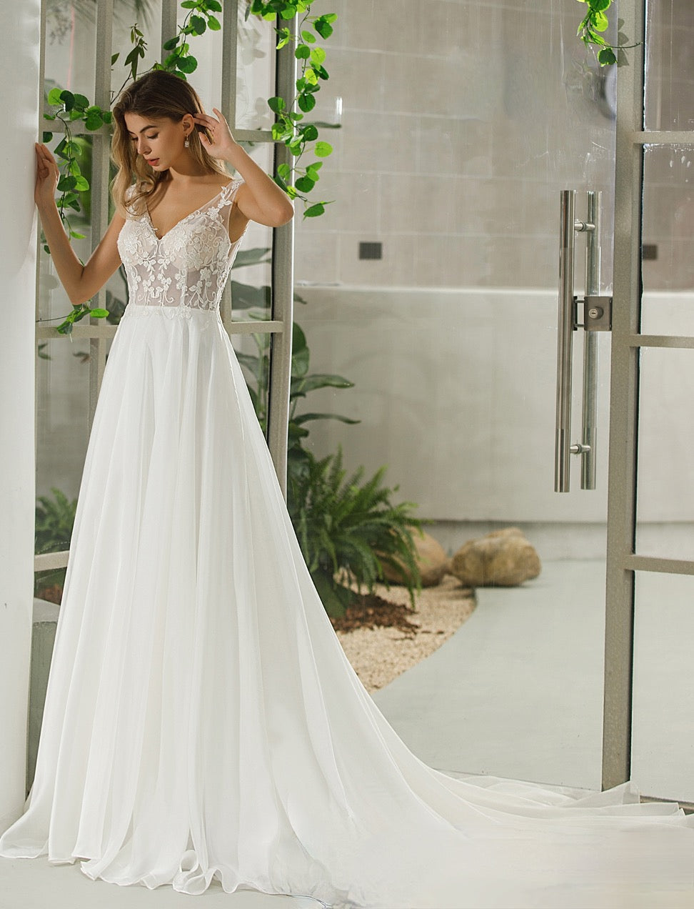 Wedding Dress Sleeveless A Line Illusion Lace Bridal Gown, Fresh and feminine, this A-line lace organza dress is embroidered with delicate floral motifs, f