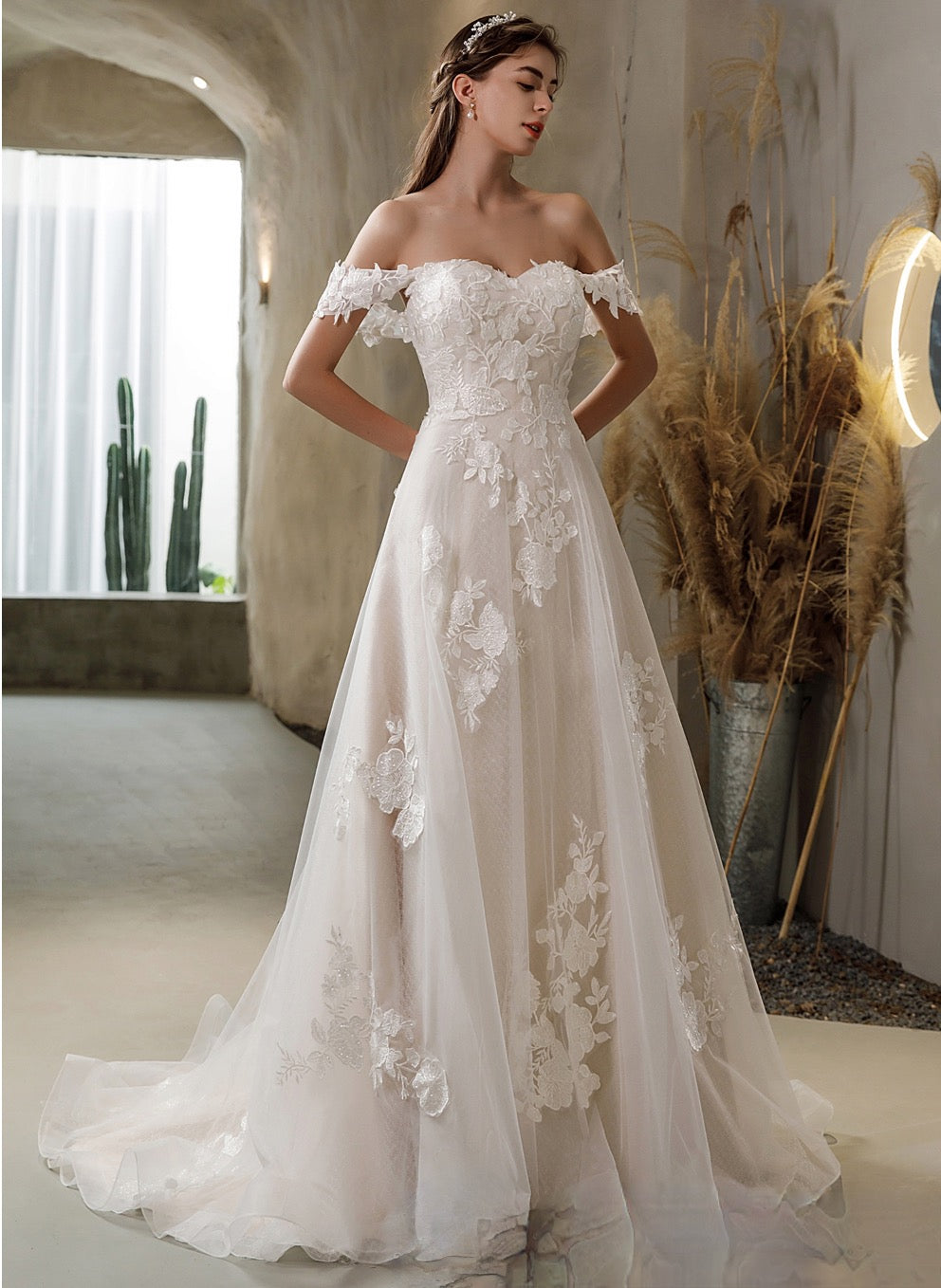 Floral Lace Wedding Dress with Detachable Off The Shoulder Straps 10 Ivory