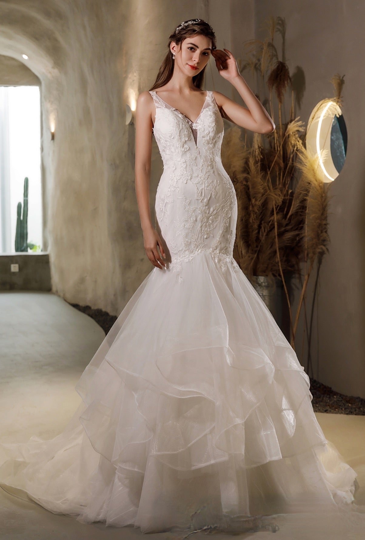 Wedding Dress Beaded Lace Mermaid Tulle Bridal Gown, This dramatic lace, tulle mermaid wedding dress has a plunging V-neckline bodice