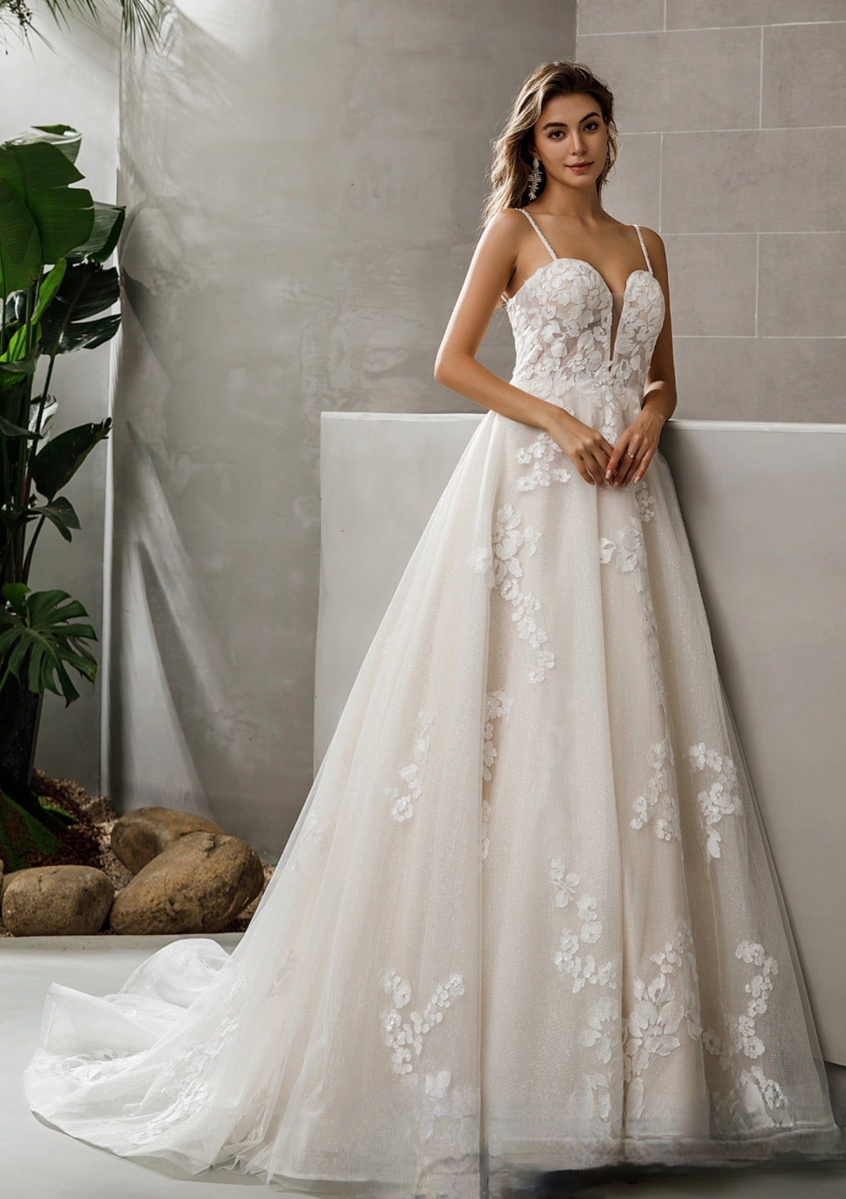 Wedding Dress Sweetheart A Line Glitter Tulle Bridal Gown, Fresh and feminine, this A-line tulle dress is embroidered with delicate floral motifs,