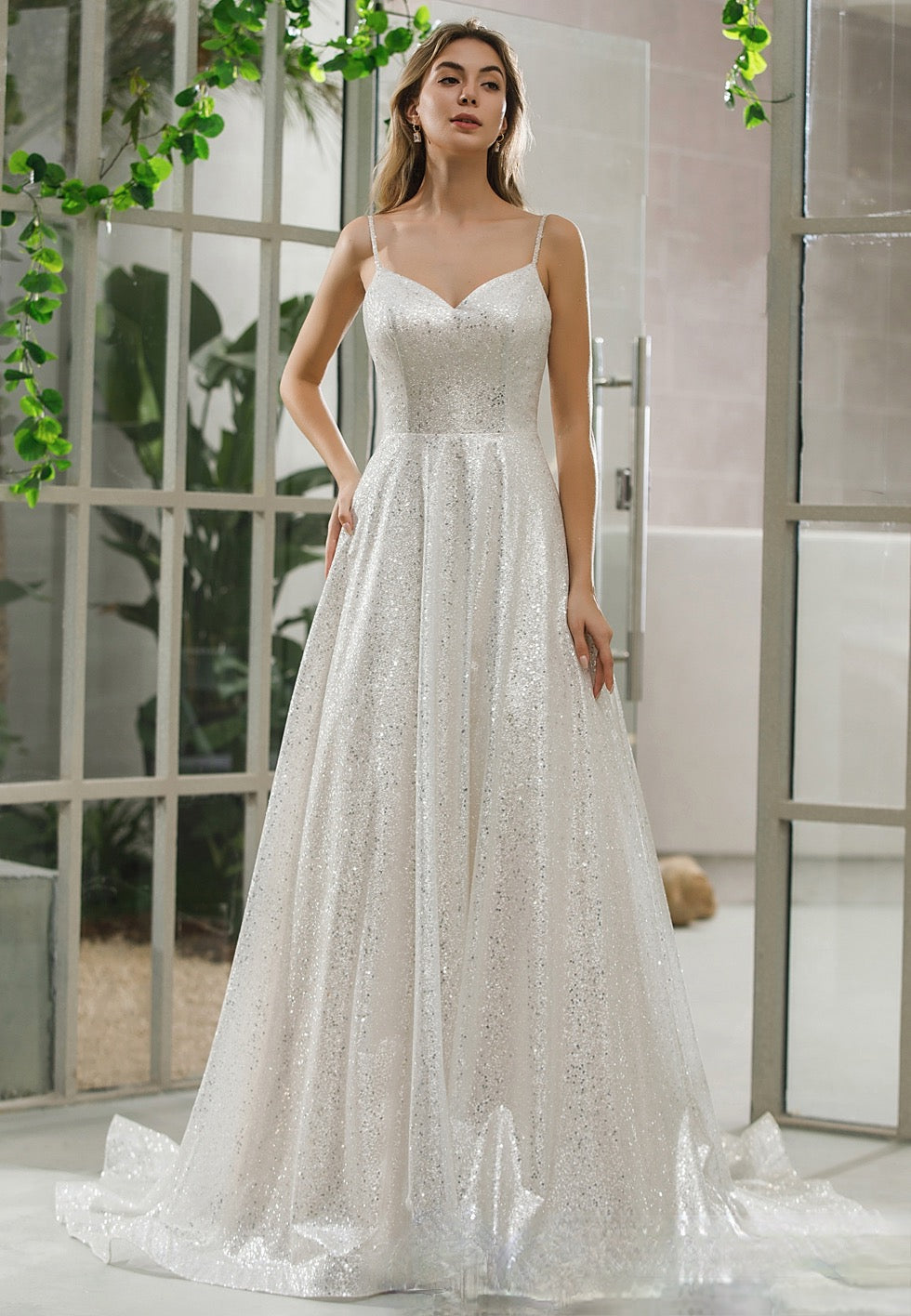 Shimmery Sequined Off-The-Shoulder A-line Bridal Gown