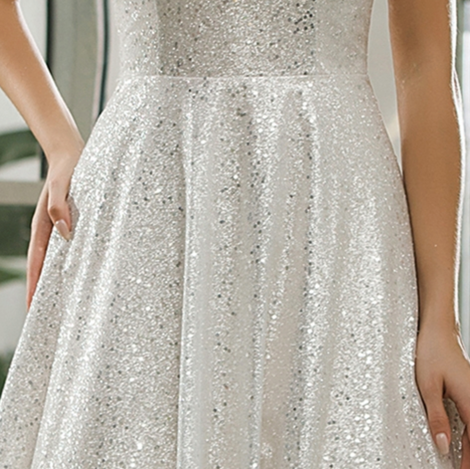 Wedding Dress Sequined Tulle Off Shoulder A Line Bridal Gown, This sequined bridal gown has all the sparkle, detachable off-the-shoulder strap and A-line skirt create a timeless feel with a sweetheart neckline and built in bra. materials: sequined tulle