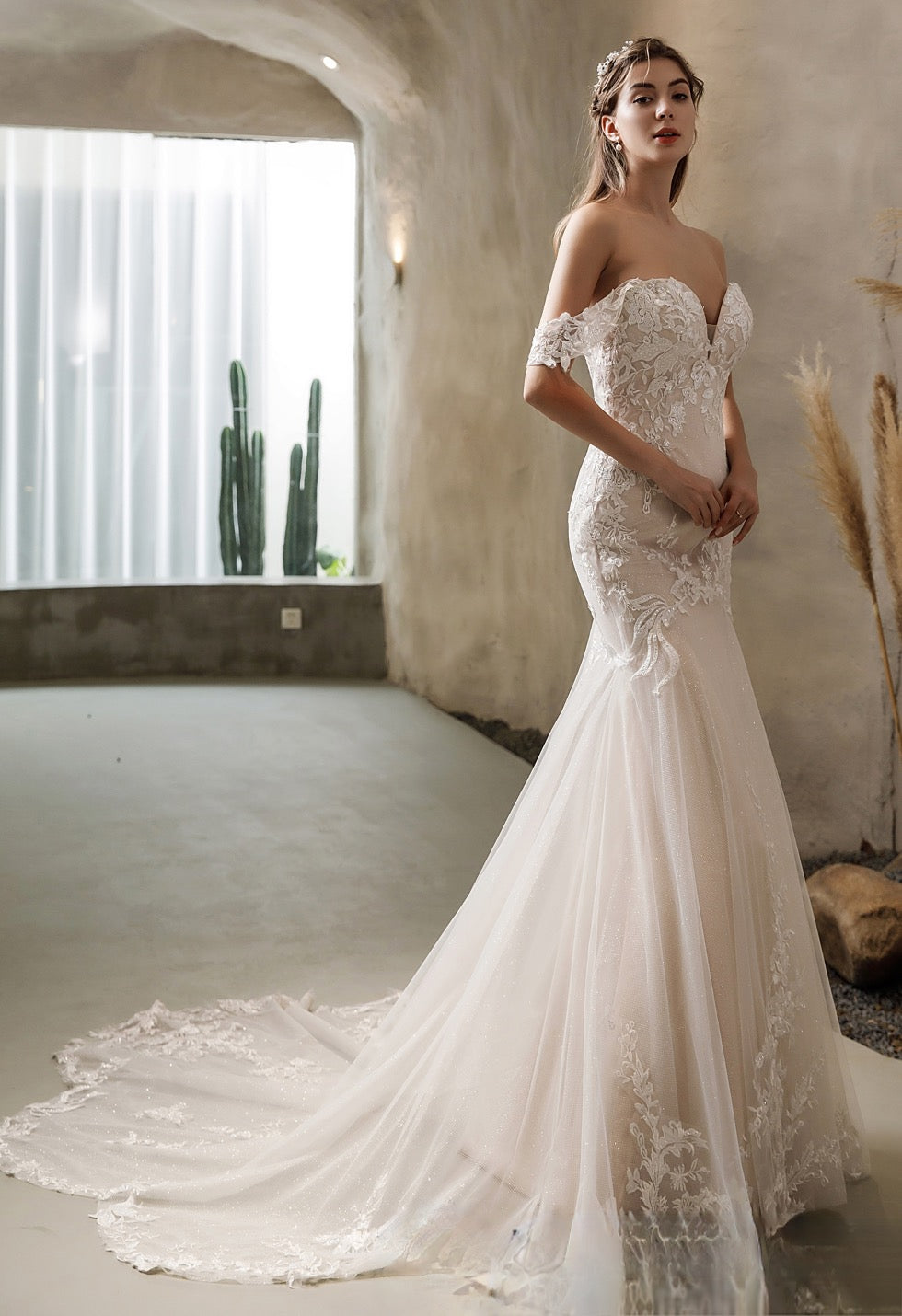 Off The Shoulder Mermaid Wedding Dress in Glitter Tulle with Open Back 10 Ivory