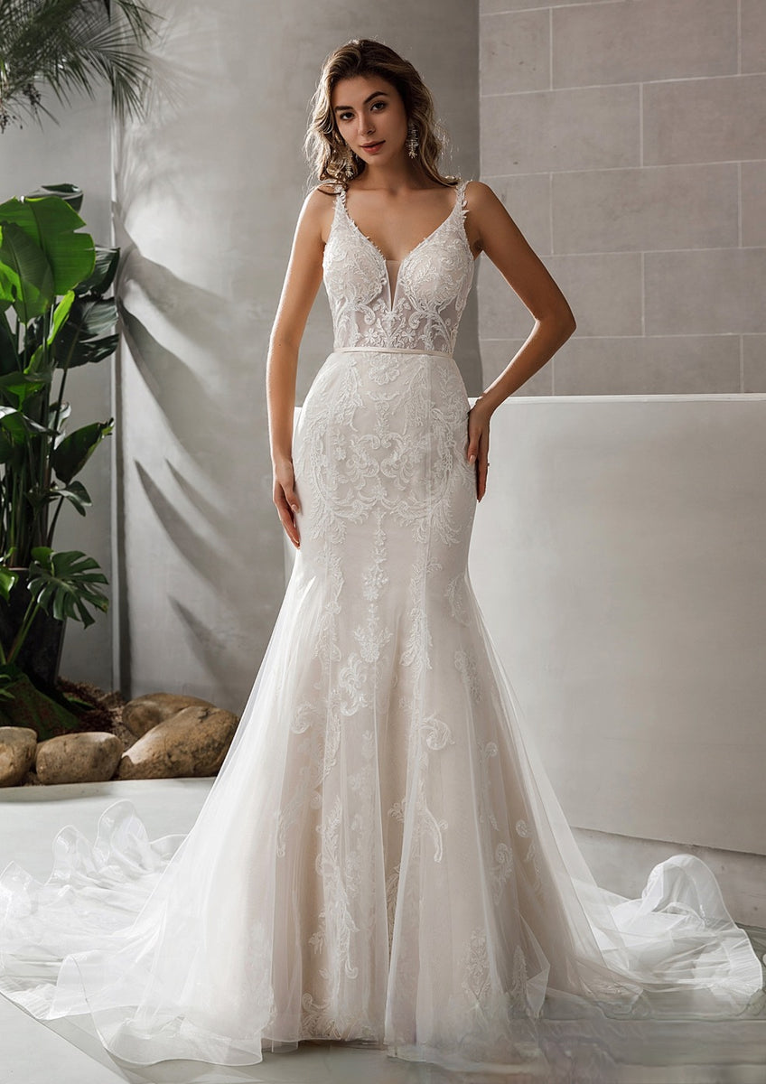D3249 - Lace and Tulle Fit-and-Flare Wedding Dress with Scalloped Train -  Perfections Bridal Studio
