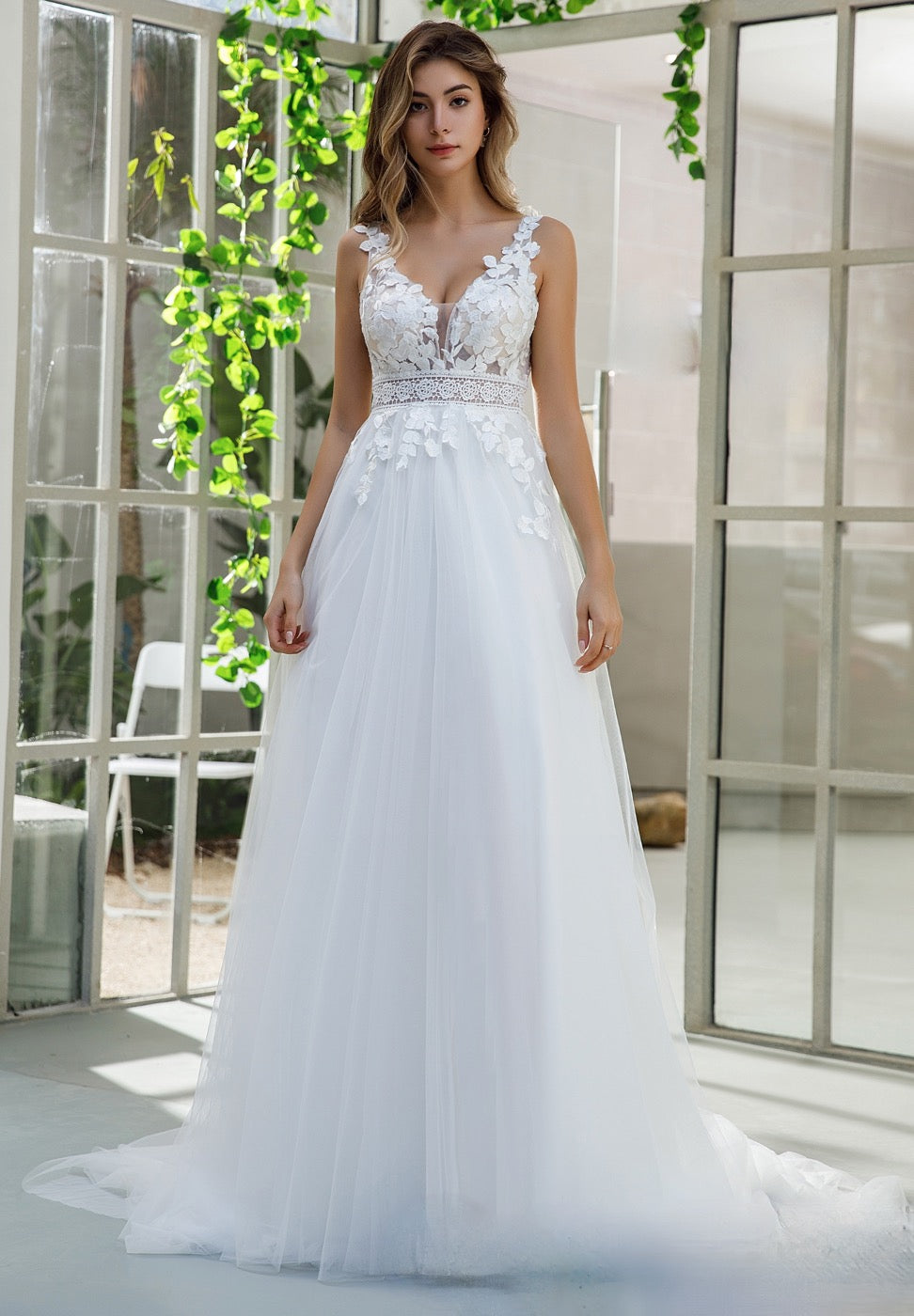 Wedding Dress Lace A Line Bridal Gown With Slit Tulle Skirt