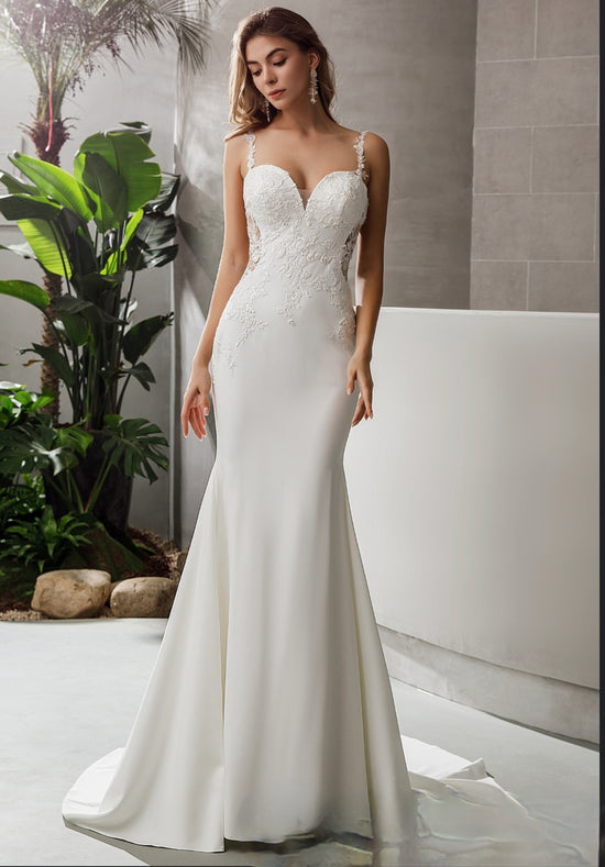 Crepe Fit and Flare Crepe Silhouette Wedding Dress With Lace Straps
