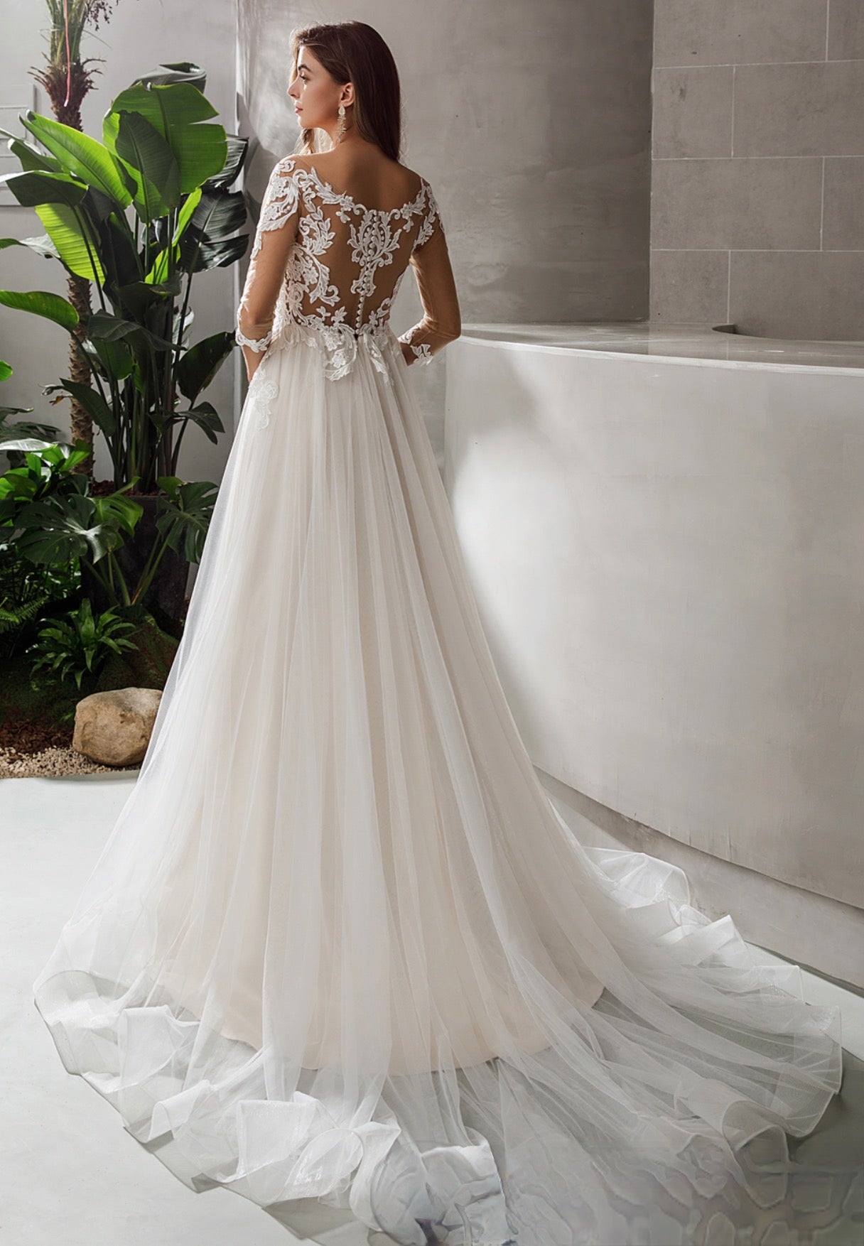 Wedding Dress Satin Lace A-line Bridal Gown With Swiss Tulle, This gorgeous tulle A-line dress with sheer 3/4 length sleeves and delicate lace appliqu
