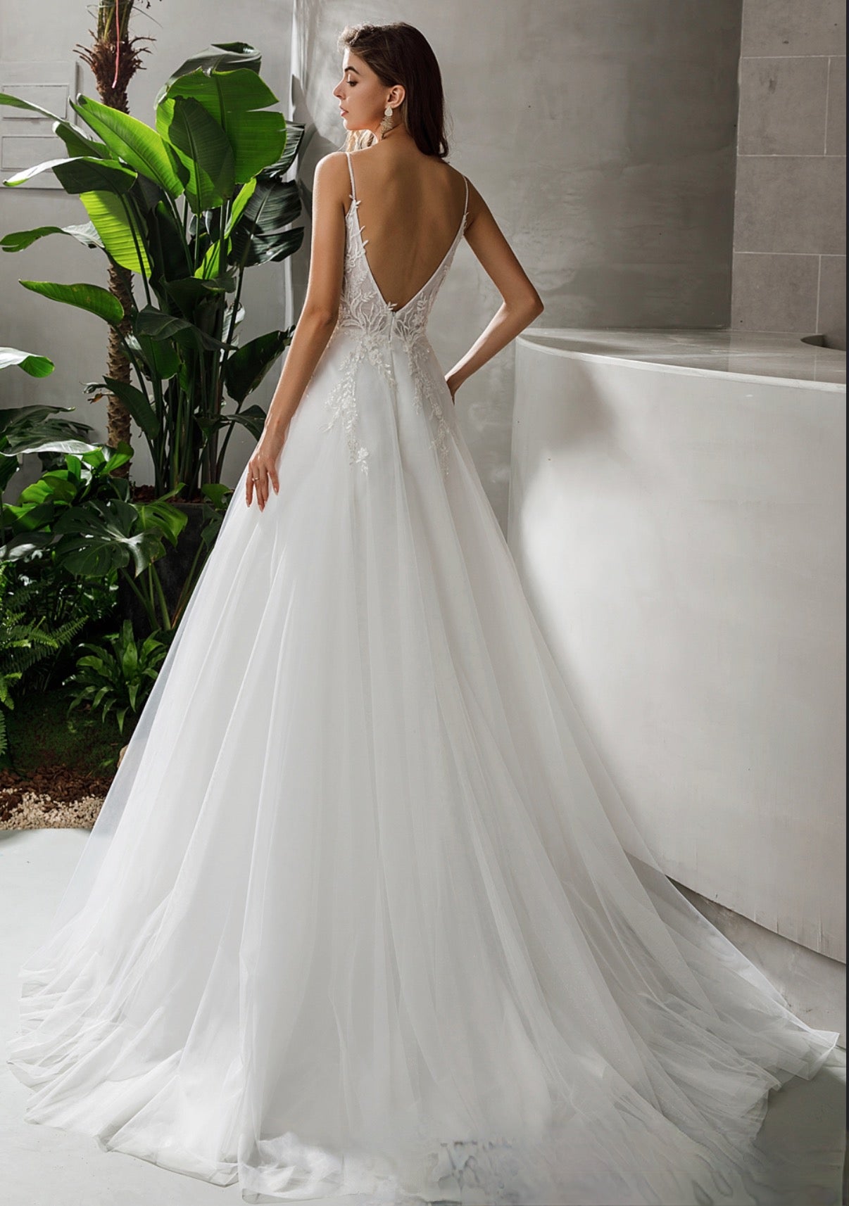 Wedding Dress Satin Tulle Beaded Bridal Gown With Train, With delicate lace details covered in sparkling beading, beautifully framing the plunging V-neckline.