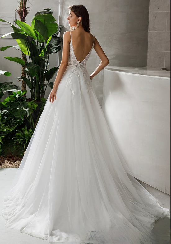 Beaded Straps V-Neck Lace A-Line Long Wedding Dress