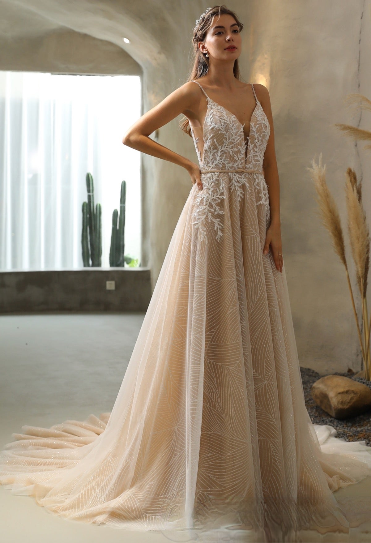 Wedding Dress Sequined Lace A-Line Bridal Gown Long Train, You’ll fall in love with this shimmery lace wedding dress with glitter tulle!
