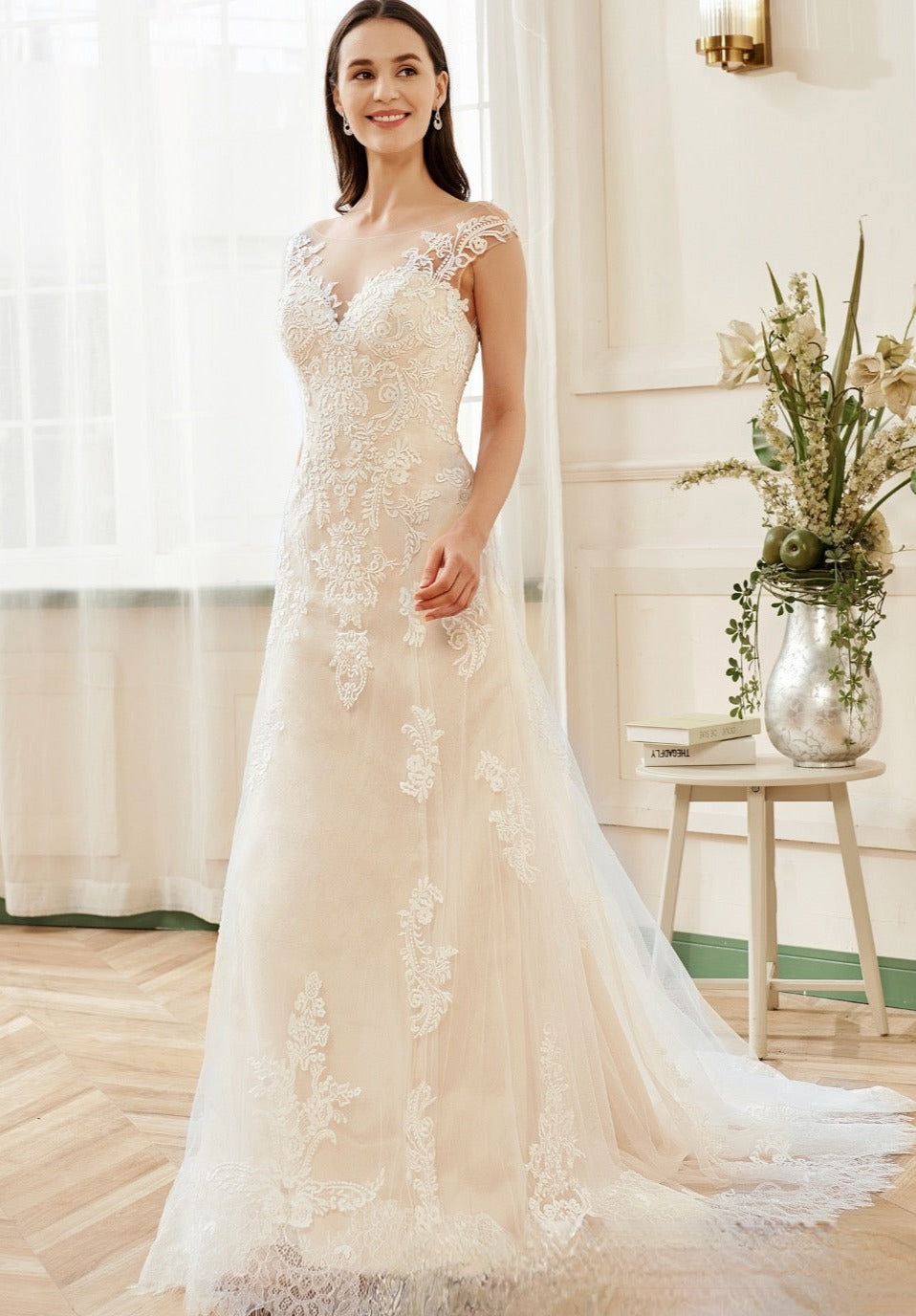 Wedding Dress Illusion Lace Bateau Neckline With Cap Sleeve