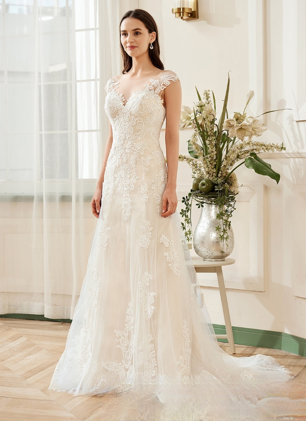 Wedding Dress Illusion Lace Bateau Neckline With Cap Sleeve
