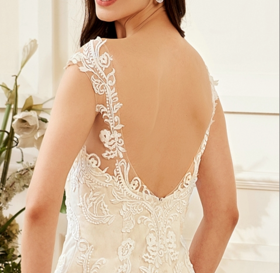 Wedding Dress Illusion Lace Bateau Neckline With Cap Sleeve