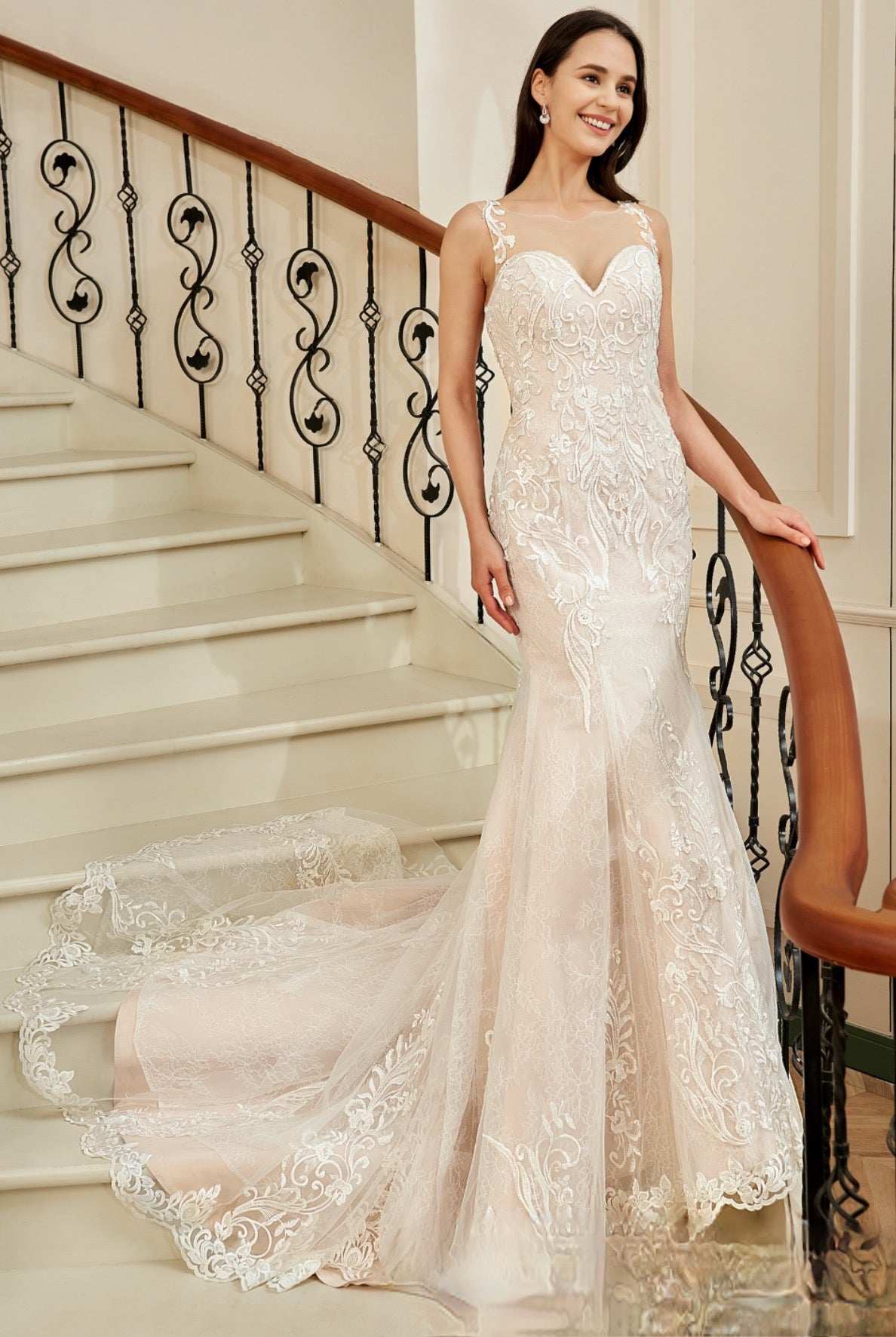 Wedding Dress Blush Illusion Neckline Lace Mermaid Gown