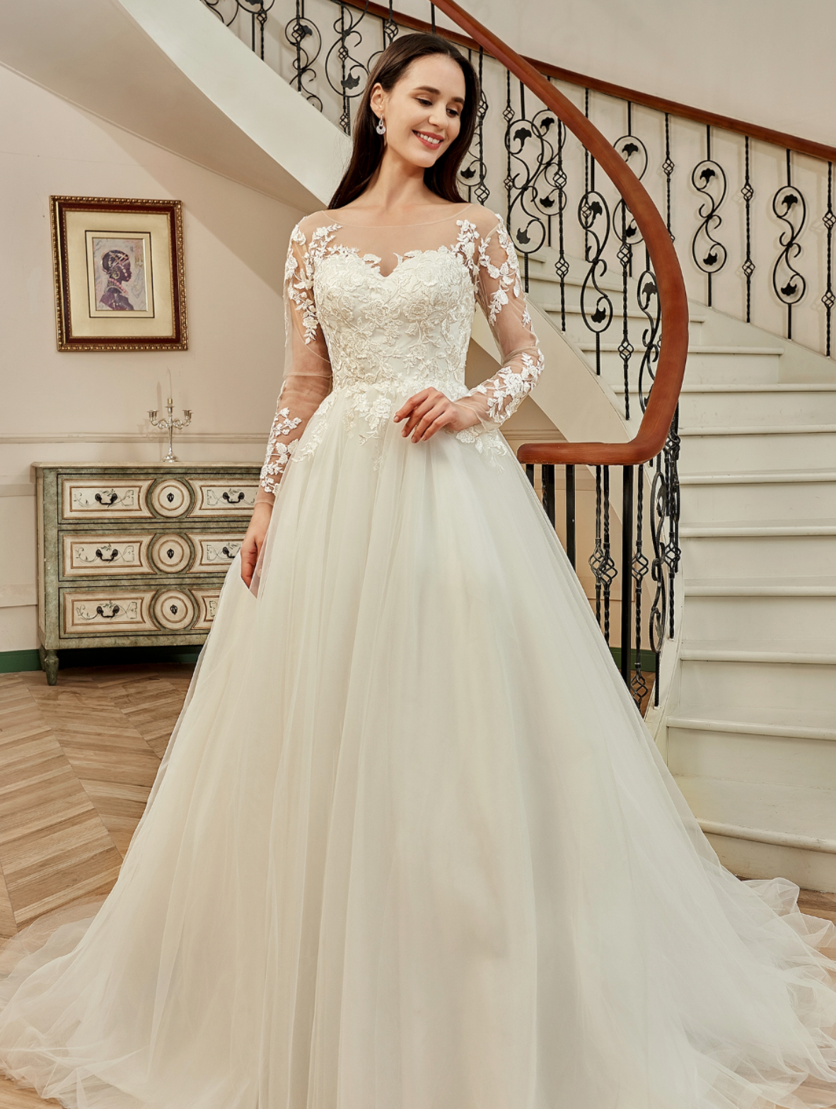 Illusion Long Sleeve Lace Wedding Dress | Chapel Train