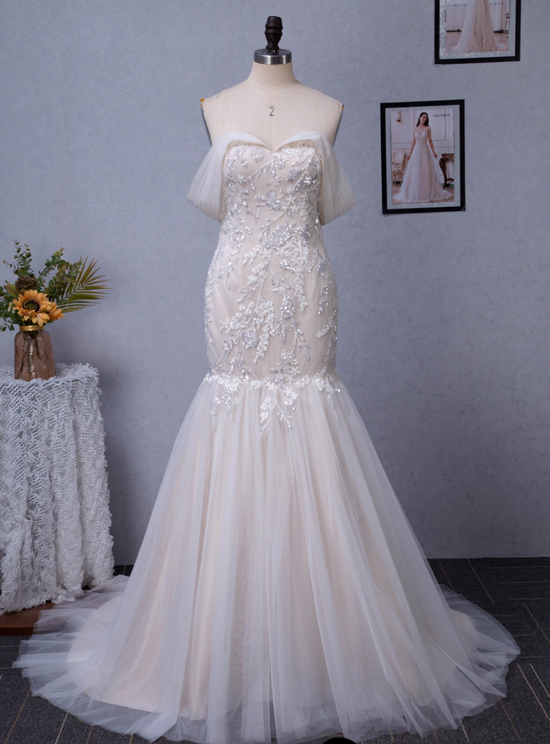 Off-The-Shoulder Mermaid Chapel Train Sequined Tulle Wedding Dress