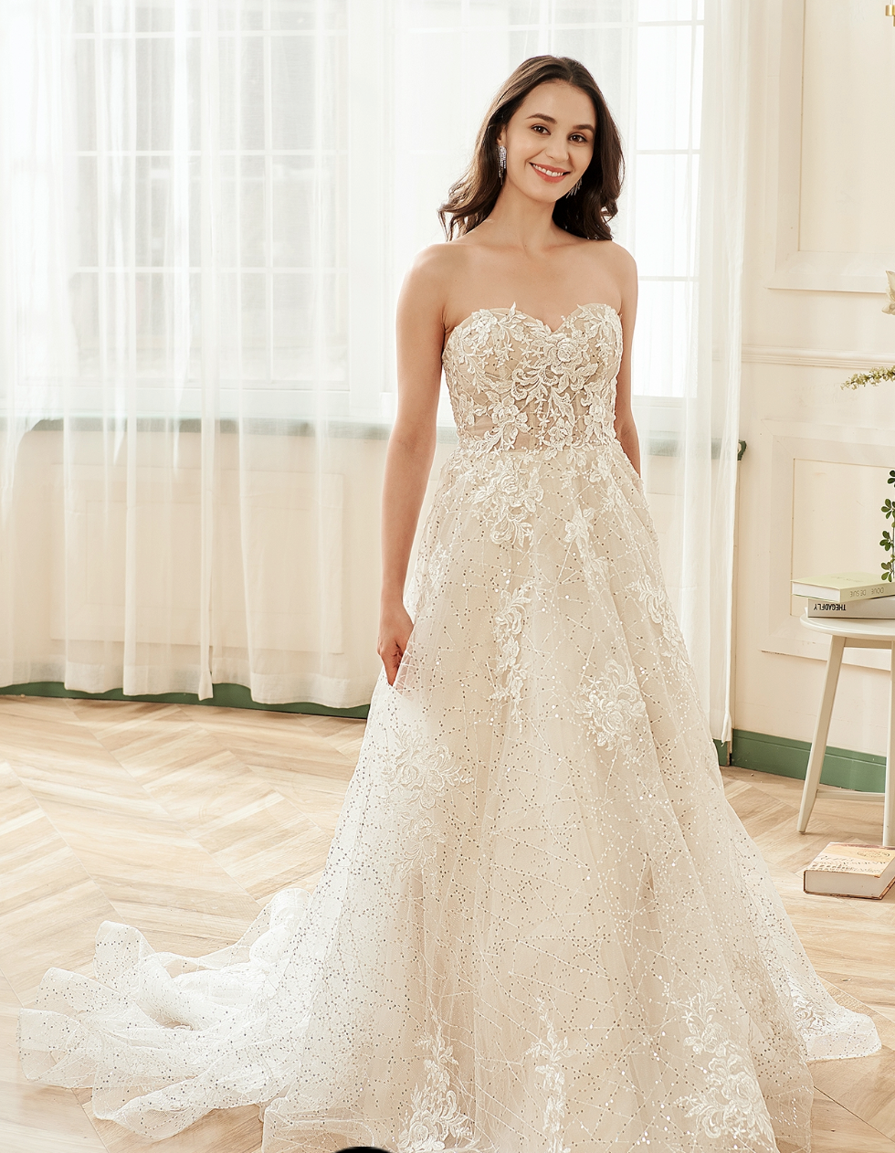 Wedding Dress Floral Lace Sequin Tulle Detachable Straps
