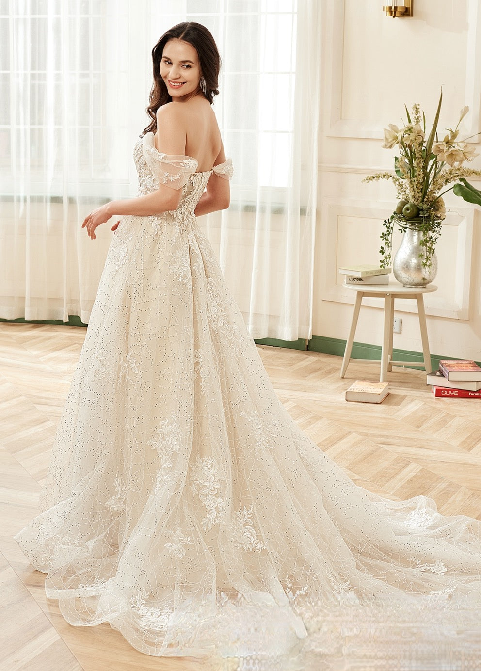 Wedding Dress Floral Lace Sequin Tulle Detachable Straps
