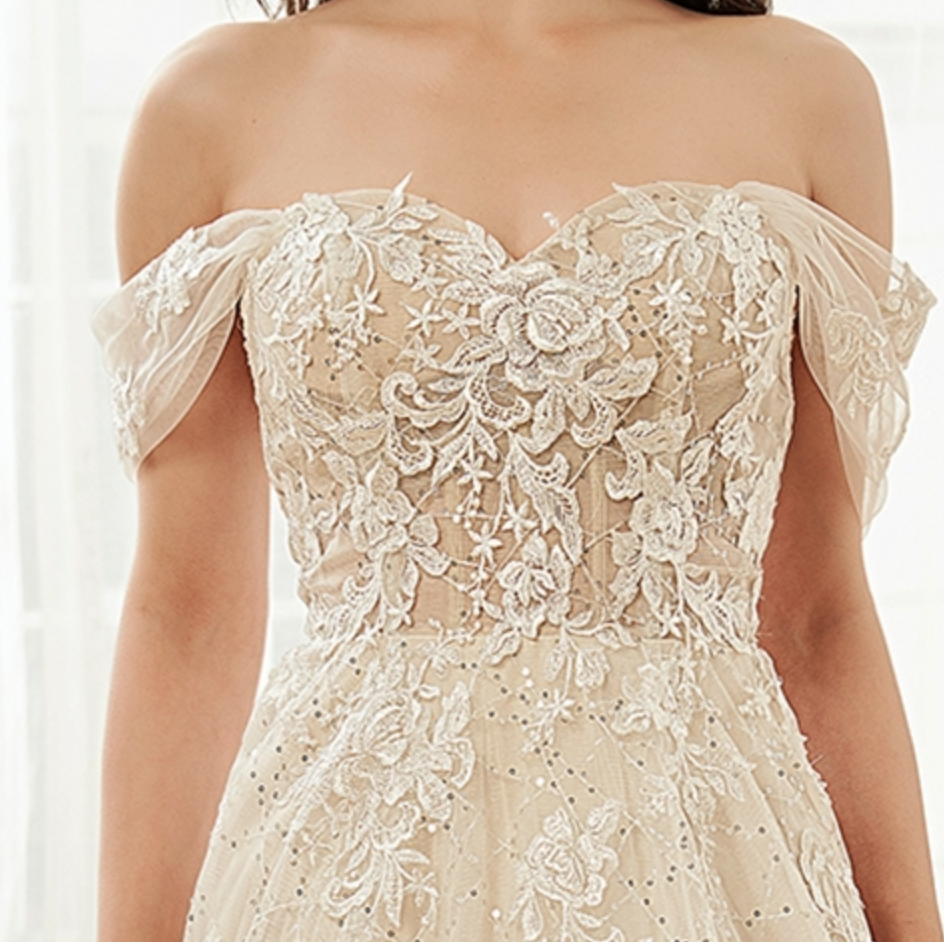Wedding Dress Floral Lace Sequin Tulle Detachable Straps