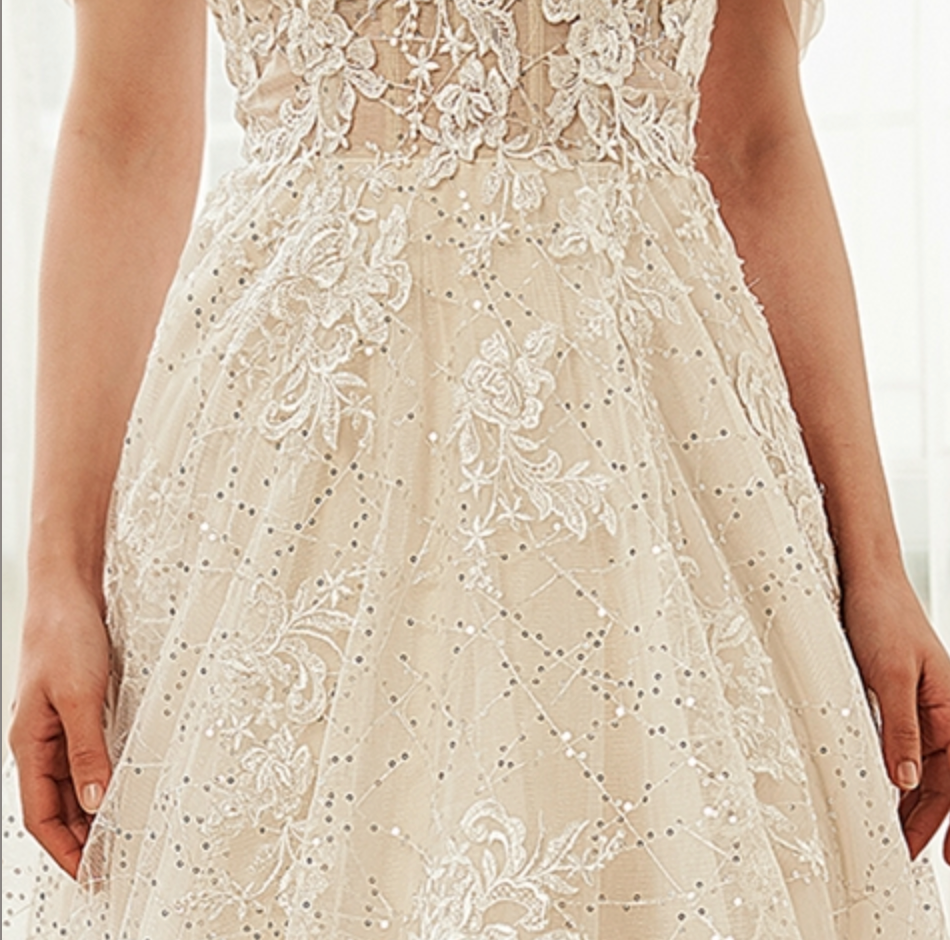 Wedding Dress Floral Lace Sequin Tulle Detachable Straps
