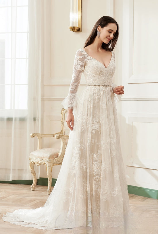 A-Line V-Neck Chapel Train Lace Wedding Dress With Flare Long Sleeve
