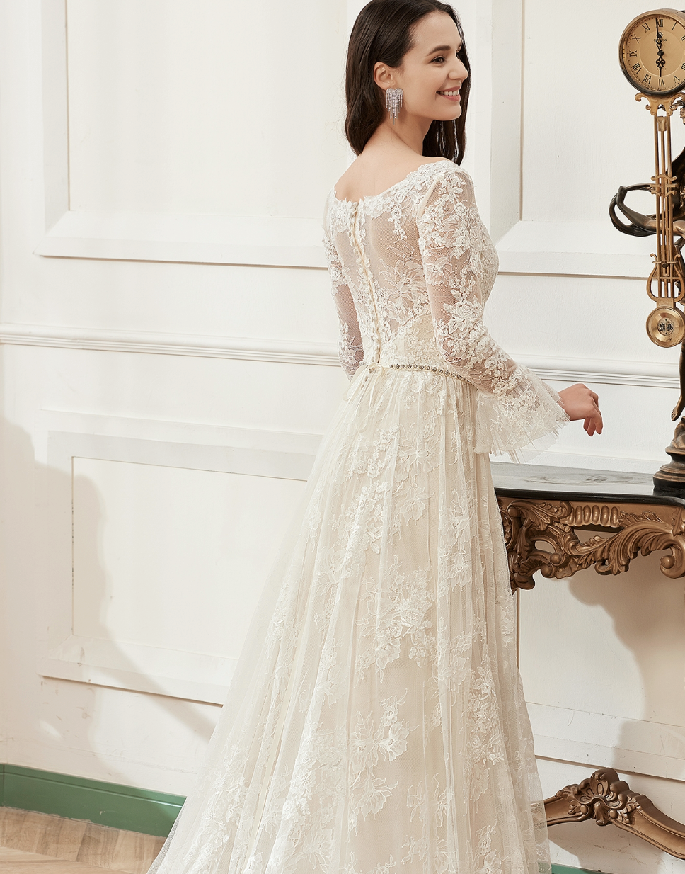 Wedding Dress A-Line Chapel Train With Flare Long Sleeve