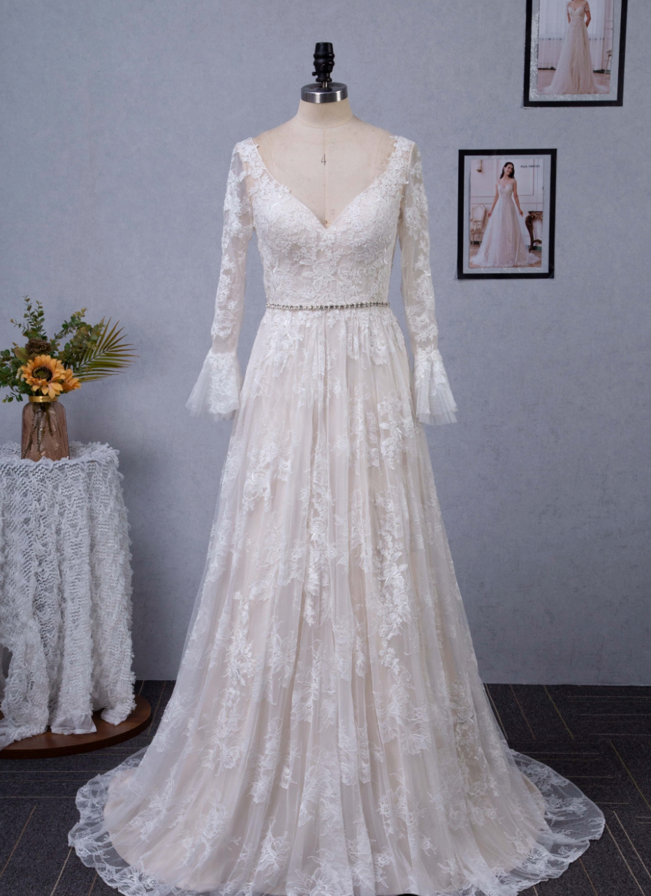 Wedding Dress A-Line Chapel Train With Flare Long Sleeve