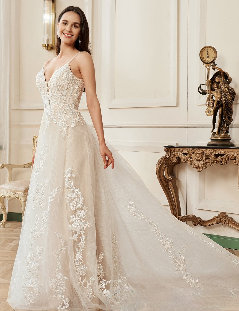 Wedding Dress Blush V-Neck Flower Lace A-Line Bridal Gown