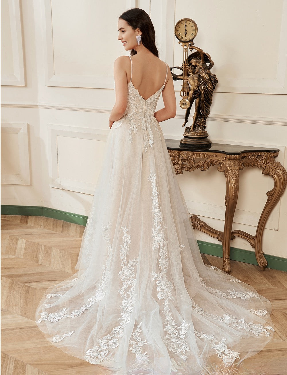 Wedding Dress Blush V-Neck Flower Lace A-Line Bridal Gown