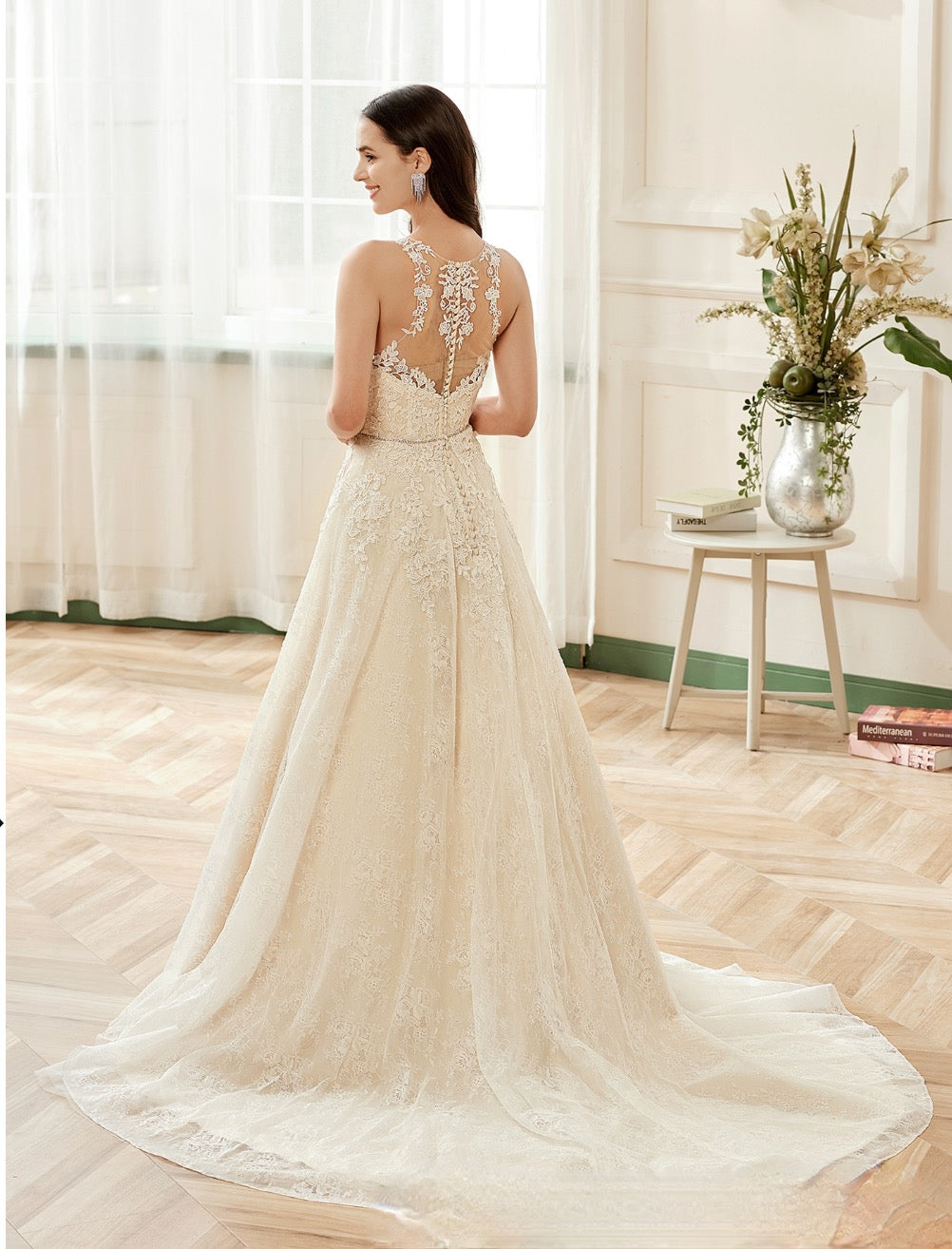 Wedding Dress Illusion Halter Neckline Lace Bridal Gown