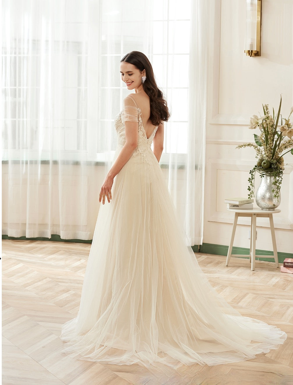 Wedding Dress Off The Shoulder Illusion Pleated Bodice Tulle