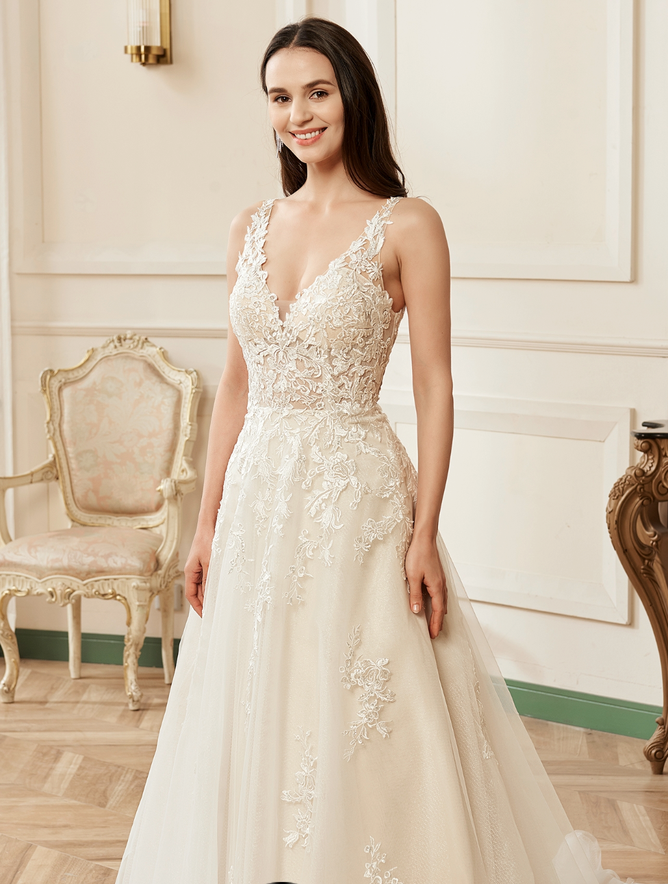 Wedding Dress V-Neckline A-Line Lace Straps Bridal Gown